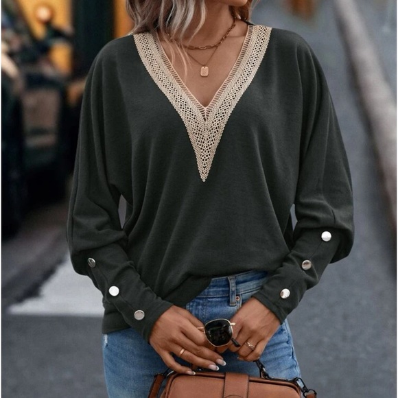 SHEIN Tops - Lace V Neck / Batwing Sleeve Sweatshirt